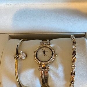 Anne Klein crystal accented bangle watch set